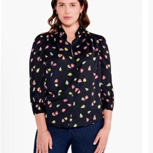Nick + Zoe pears party black novelty print blouse shirt XL